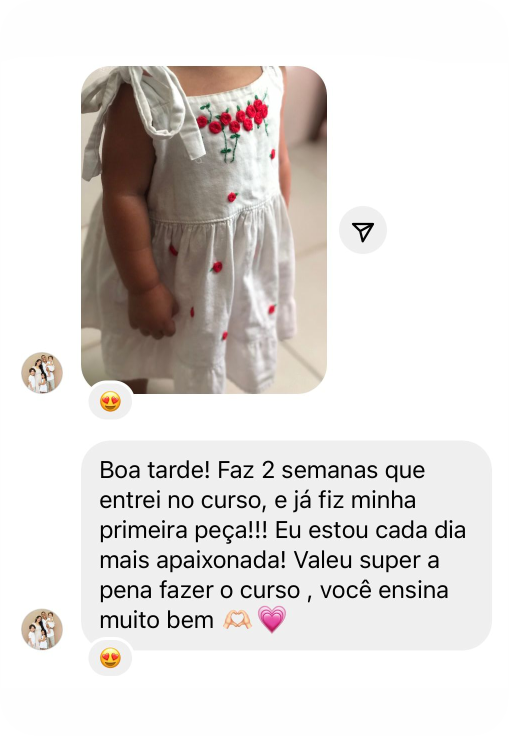 Print real de aluna mostrando um vestido bordado com frutas e relatando sua primeira peça.
